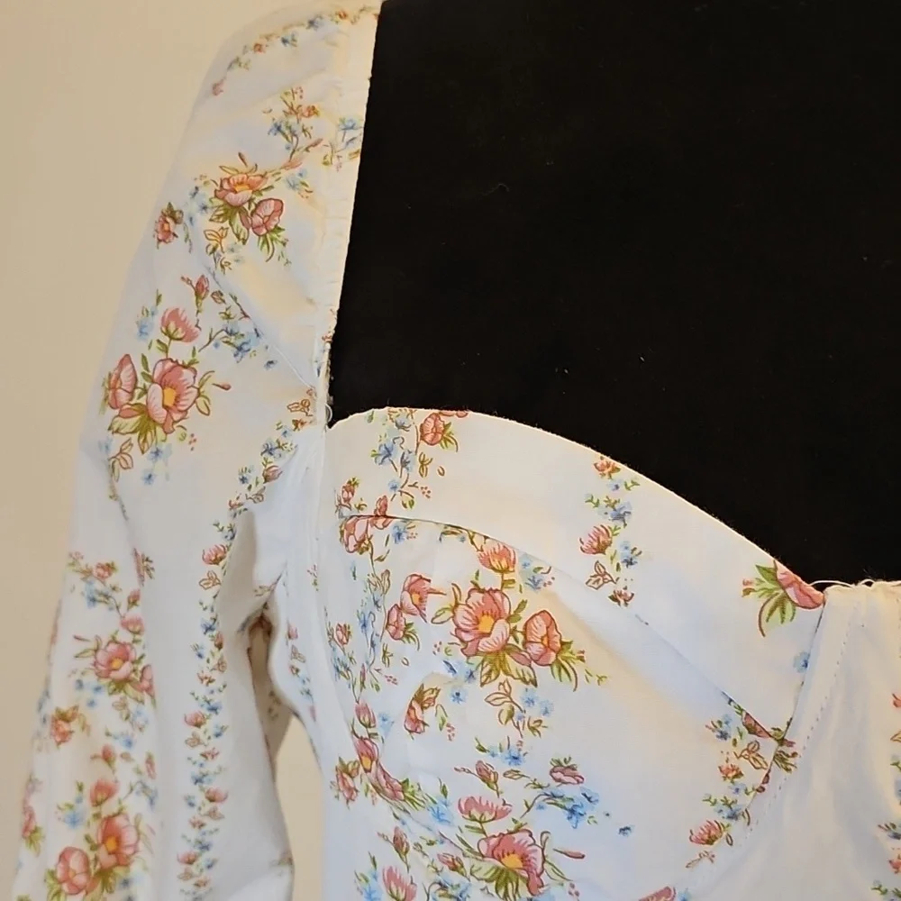 Forever 21 White Floral Cottagecore Milk Maid Midi Dress w/ Slit Size Small - Picture 8 of 10